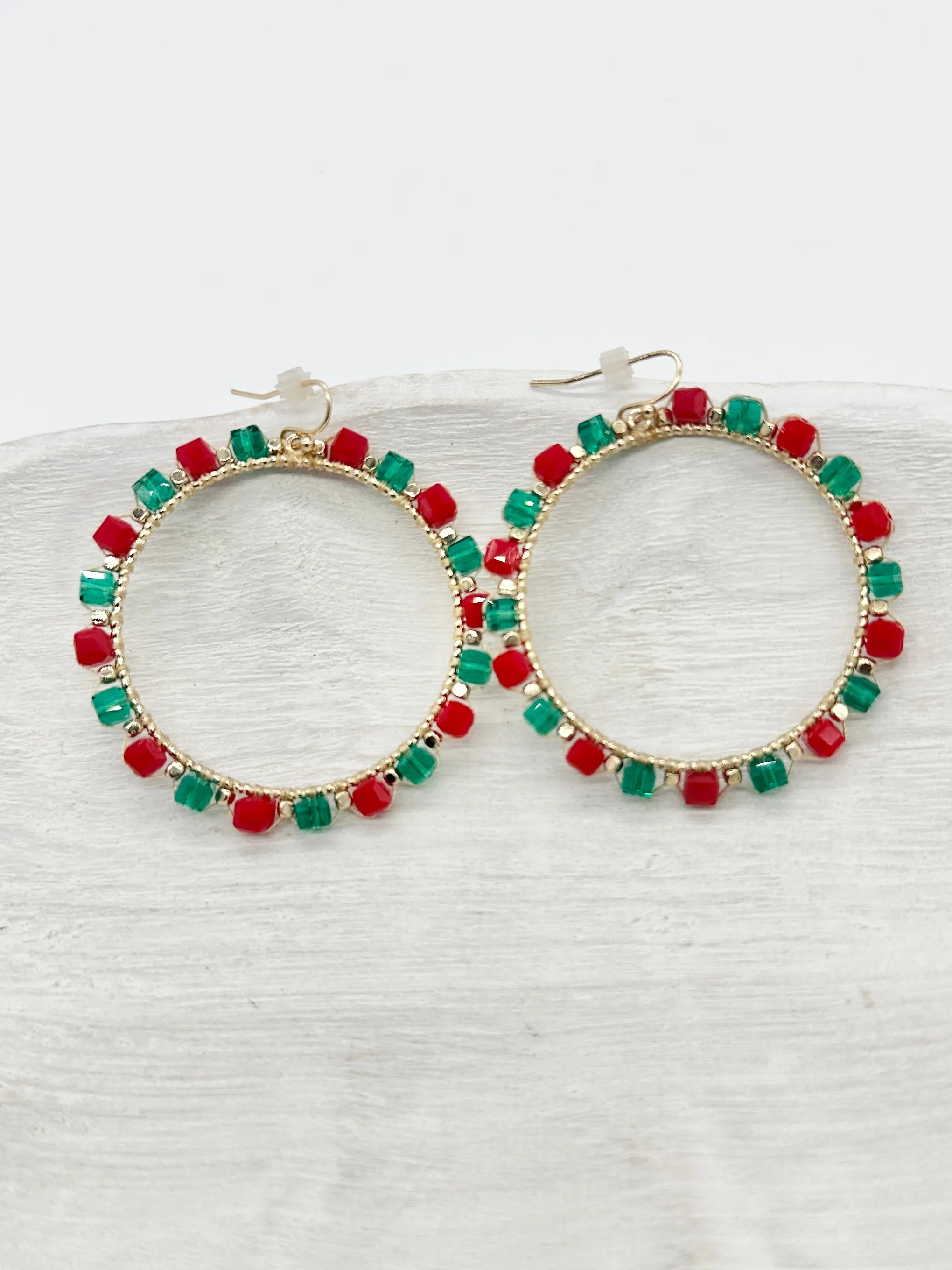 Red and Green Beaded Hoop Earrings