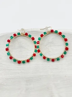 Red and Green Beaded Hoop Earrings