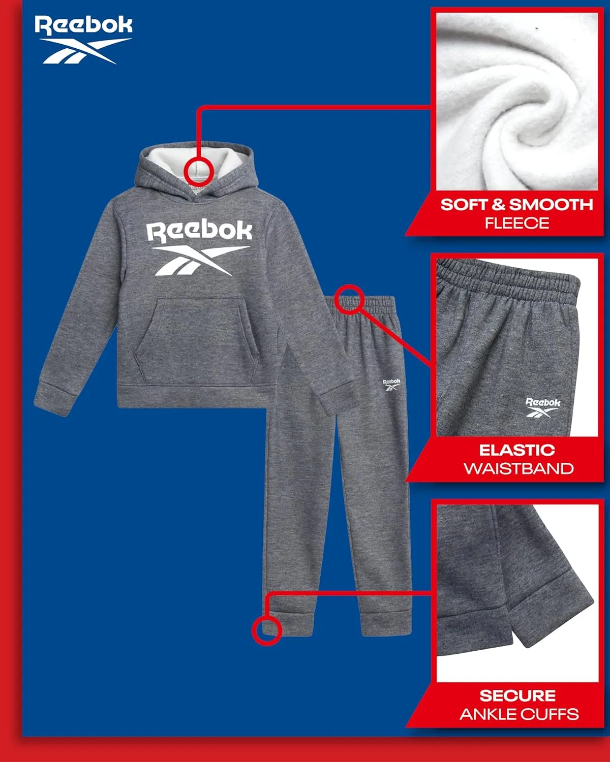 Reebok Toddler Boys' Sweatsuit Set - 2 Piece Active Fleece Hoodie Sweatshirt and Jogger Sweatpants Set for Boys (Sizes: 2T-7)