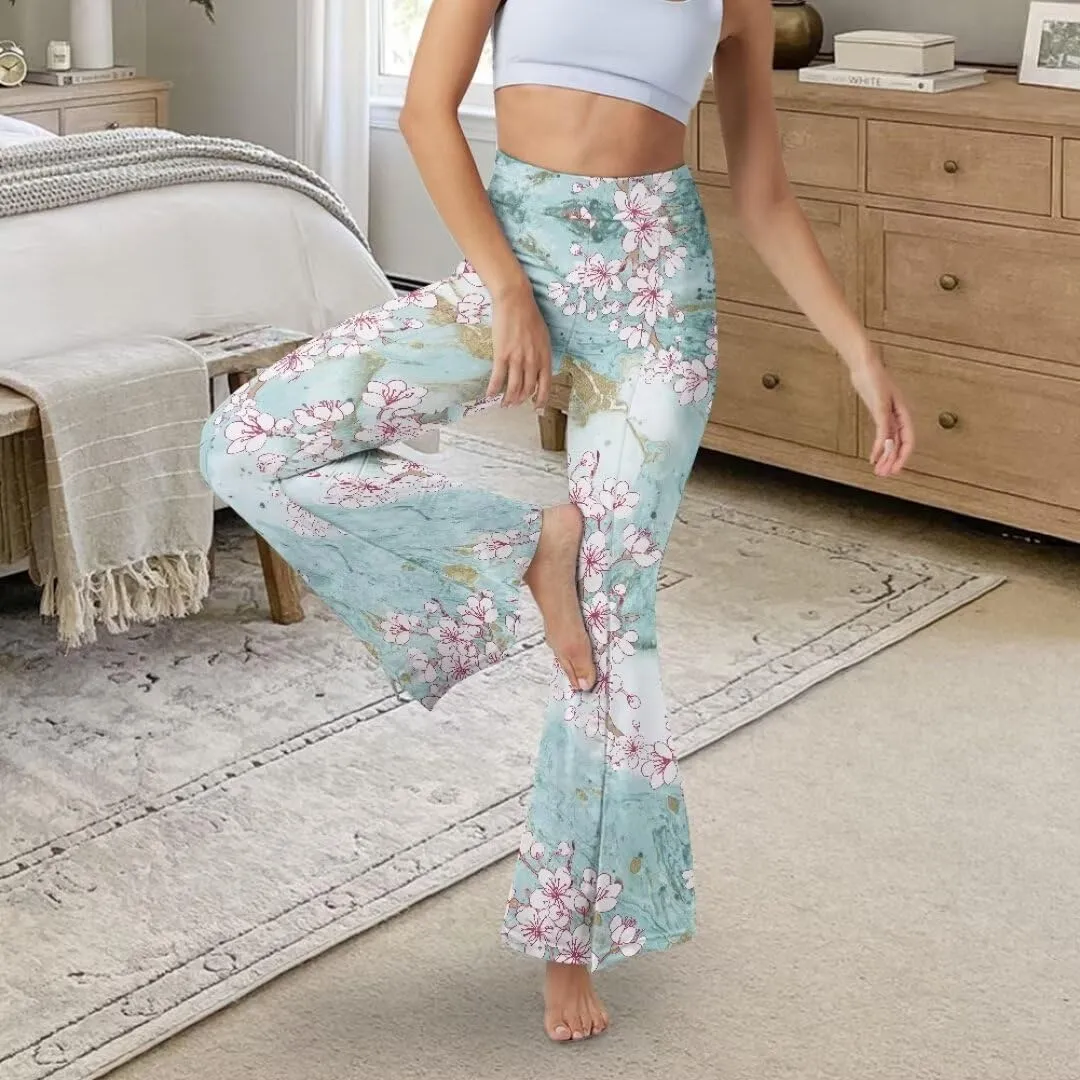 Retro Floral Women's High Waisted Slit Flared Leggings Tummy Control Yoga Pants Bell Bottom Trousers Plus Size Pants