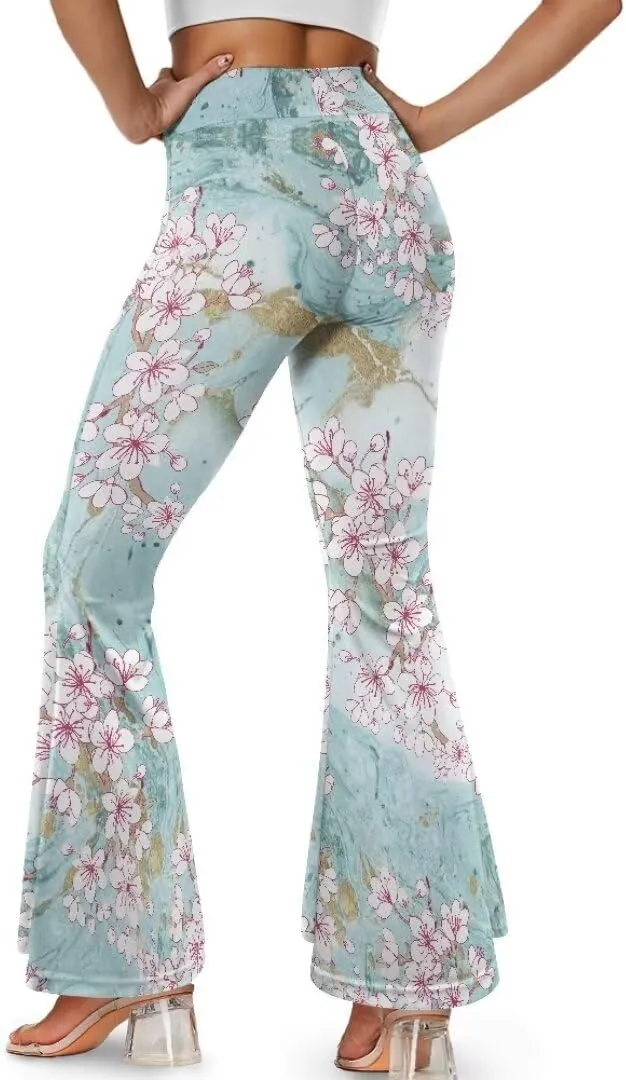 Retro Floral Women's High Waisted Slit Flared Leggings Tummy Control Yoga Pants Bell Bottom Trousers Plus Size Pants