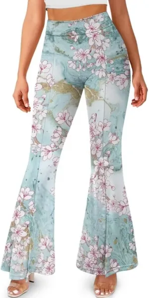 Retro Floral Women's High Waisted Slit Flared Leggings Tummy Control Yoga Pants Bell Bottom Trousers Plus Size Pants