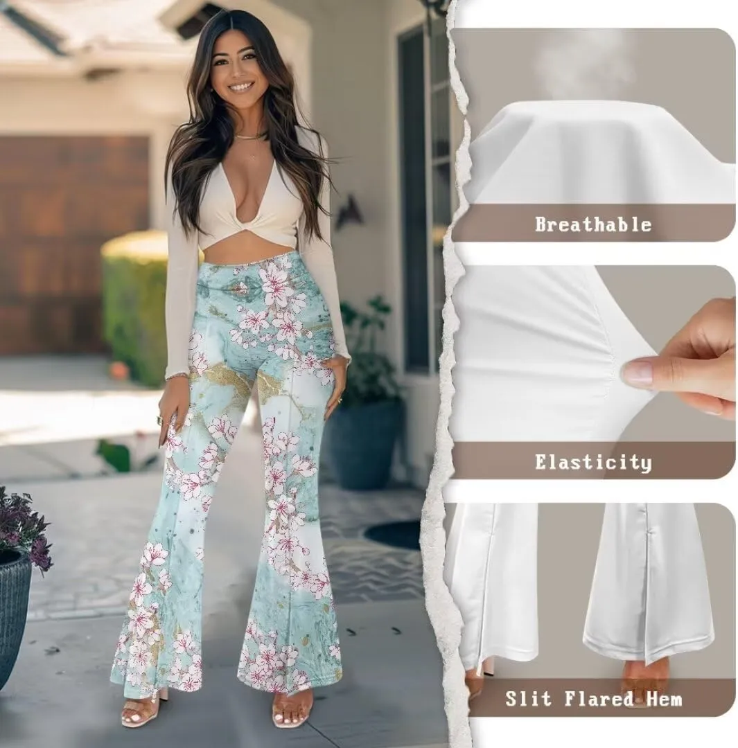 Retro Floral Women's High Waisted Slit Flared Leggings Tummy Control Yoga Pants Bell Bottom Trousers Plus Size Pants
