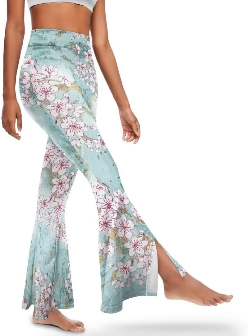 Retro Floral Women's High Waisted Slit Flared Leggings Tummy Control Yoga Pants Bell Bottom Trousers Plus Size Pants