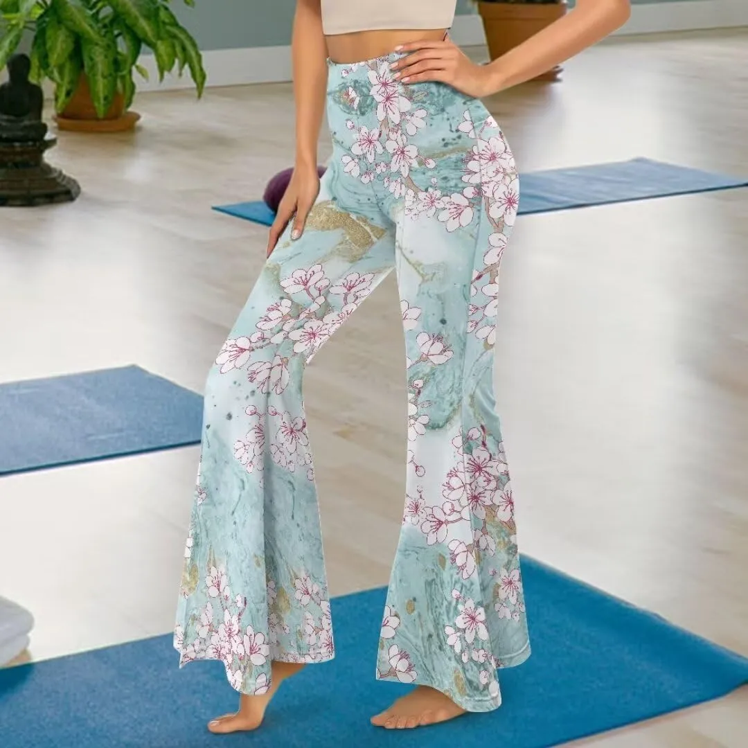 Retro Floral Women's High Waisted Slit Flared Leggings Tummy Control Yoga Pants Bell Bottom Trousers Plus Size Pants