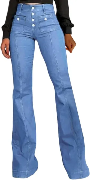 Retro Jeans for Womens High Waist Front Button Flart Denim Trousers Casual Slim Stretch Street Hippe Pant with Pocket