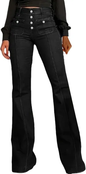 Retro Jeans for Womens High Waist Front Button Flart Denim Trousers Casual Slim Stretch Street Hippe Pant with Pocket