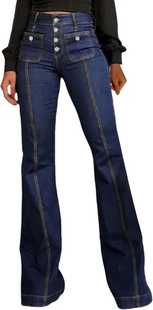 Retro Jeans for Womens High Waist Front Button Flart Denim Trousers Casual Slim Stretch Street Hippe Pant with Pocket