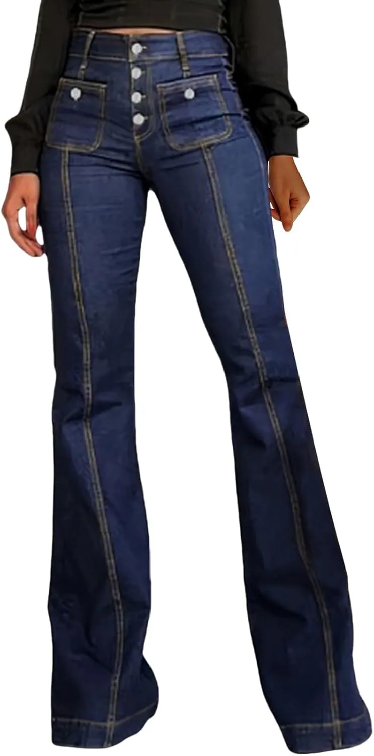 Retro Jeans for Womens High Waist Front Button Flart Denim Trousers Casual Slim Stretch Street Hippe Pant with Pocket