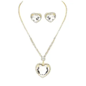 Rhinestone Pave Crystal Heart Pendant Necklace Earring Set