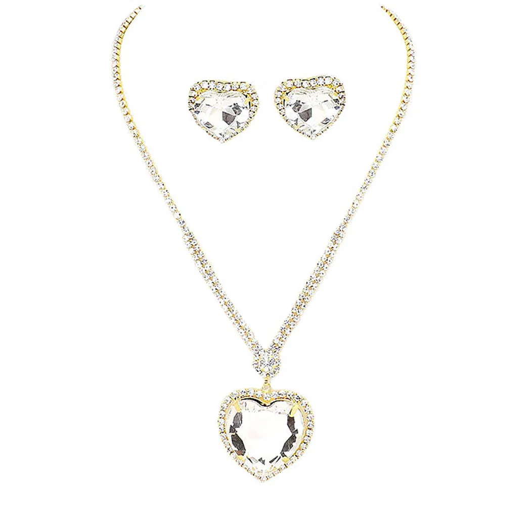 Rhinestone Pave Crystal Heart Pendant Necklace Earring Set
