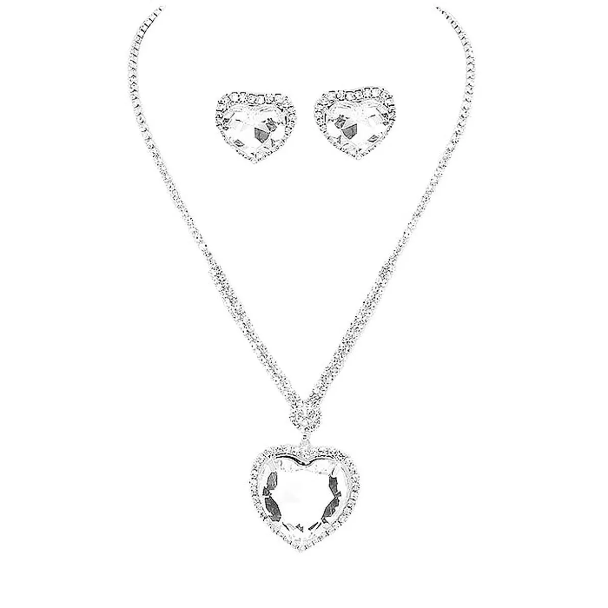 Rhinestone Pave Crystal Heart Pendant Necklace Earring Set