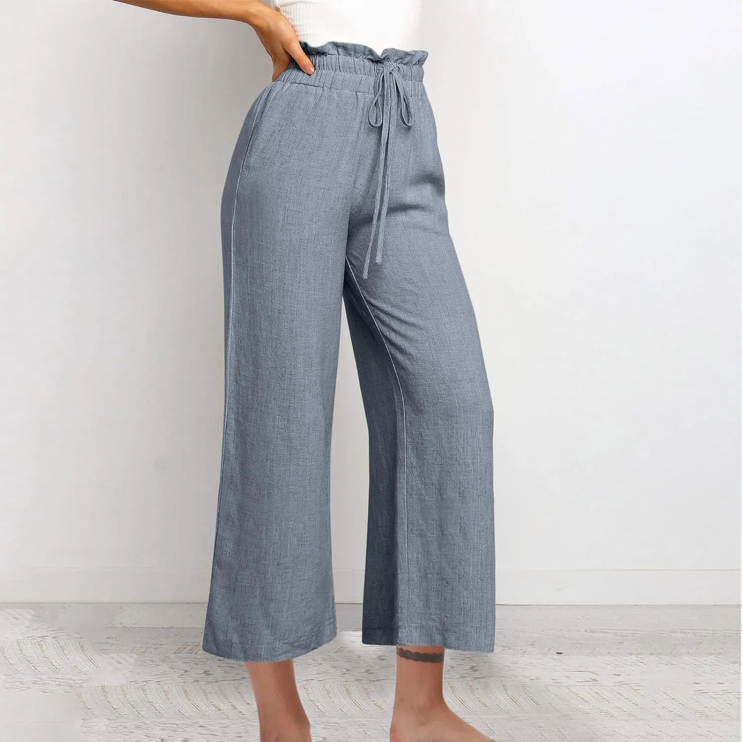 Ruffle High Waist Casual Pants for Women Solid Color Loose Wide Leg Trousers Lightweight Comfy Cotton and Linen Pants