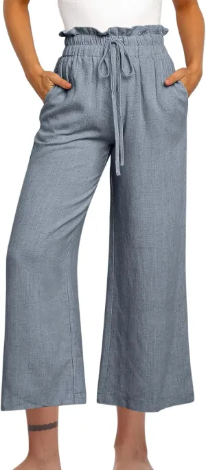 Ruffle High Waist Casual Pants for Women Solid Color Loose Wide Leg Trousers Lightweight Comfy Cotton and Linen Pants