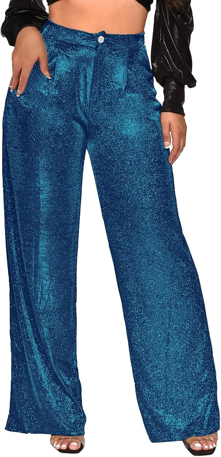 Sequin Pants Women Sparkly Glitter High Waisted Wide Leg Flare Trousers Bell Bottom Night Out Clubwear Party Pants