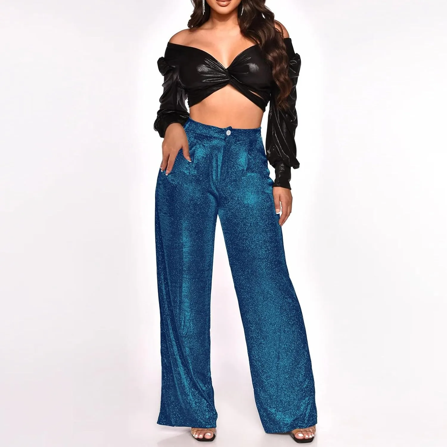 Sequin Pants Women Sparkly Glitter High Waisted Wide Leg Flare Trousers Bell Bottom Night Out Clubwear Party Pants