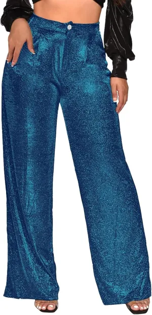 Sequin Pants Women Sparkly Glitter High Waisted Wide Leg Flare Trousers Bell Bottom Night Out Clubwear Party Pants