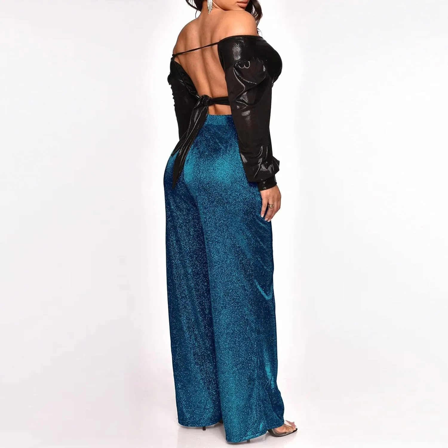 Sequin Pants Women Sparkly Glitter High Waisted Wide Leg Flare Trousers Bell Bottom Night Out Clubwear Party Pants