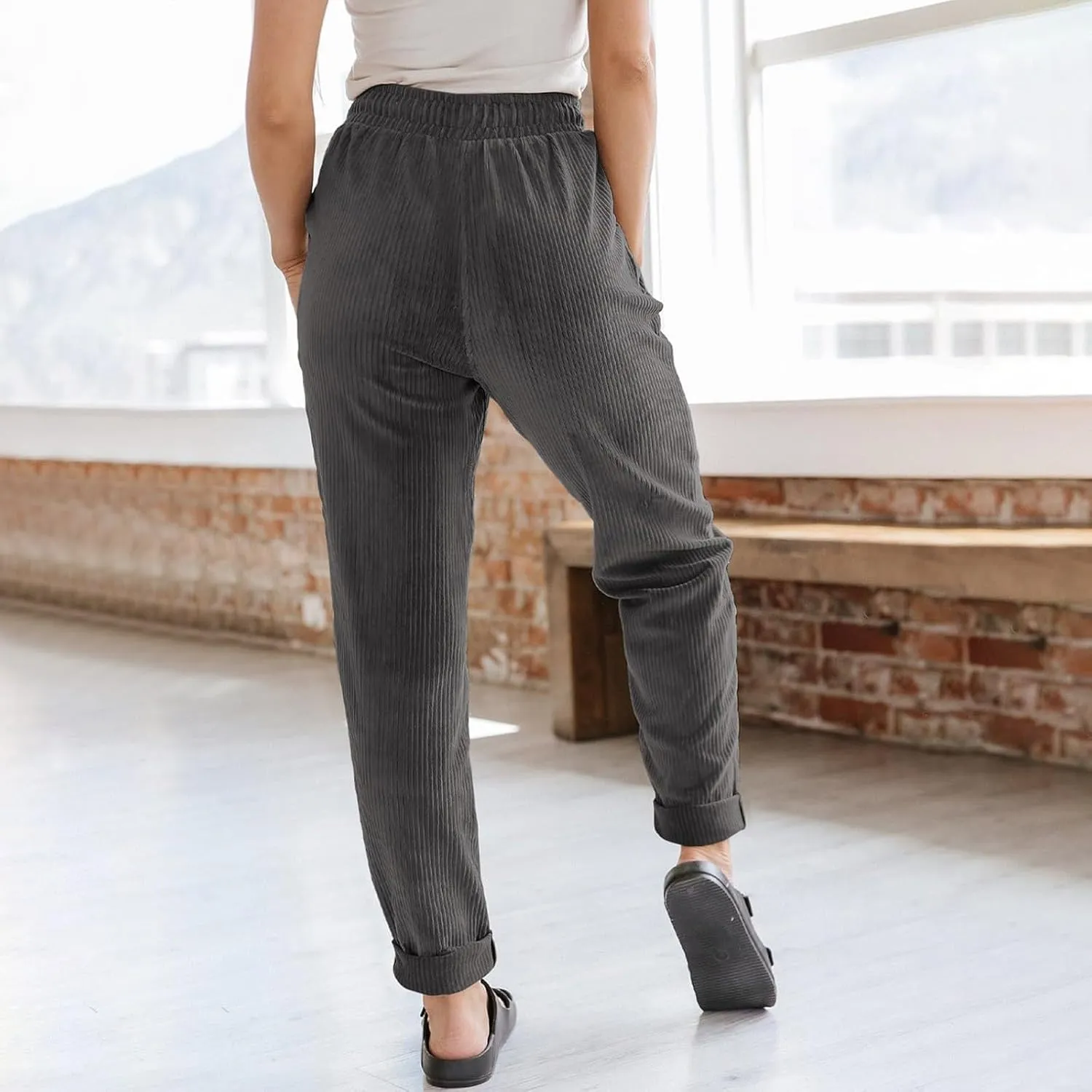 SERYU Corduroy Pants for Women Casual Drawstring Elastic High Waist Straight Leg Pants Loose Comfy Trousers with Pockets