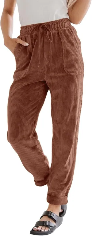 SERYU Corduroy Pants for Women Casual Drawstring Elastic High Waist Straight Leg Pants Loose Comfy Trousers with Pockets