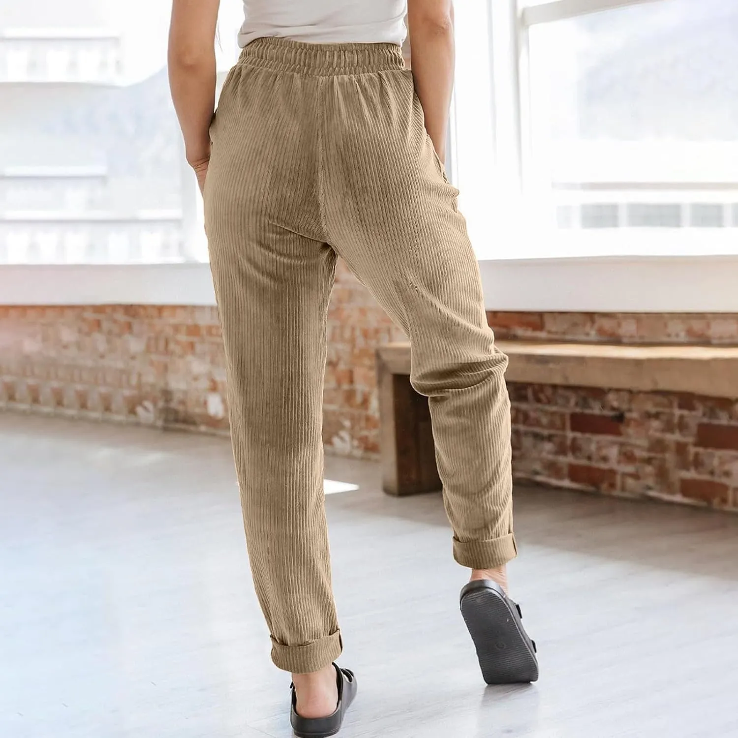 SERYU Corduroy Pants for Women Casual Drawstring Elastic High Waist Straight Leg Pants Loose Comfy Trousers with Pockets