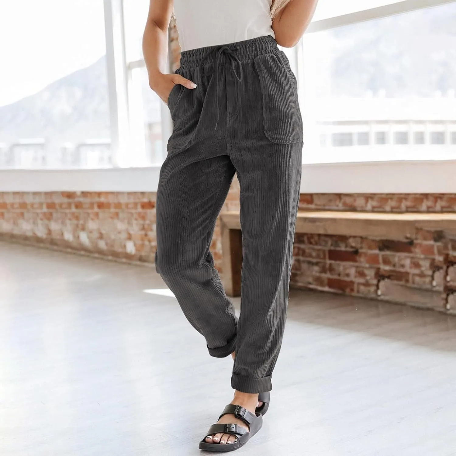 SERYU Corduroy Pants for Women Casual Drawstring Elastic High Waist Straight Leg Pants Loose Comfy Trousers with Pockets