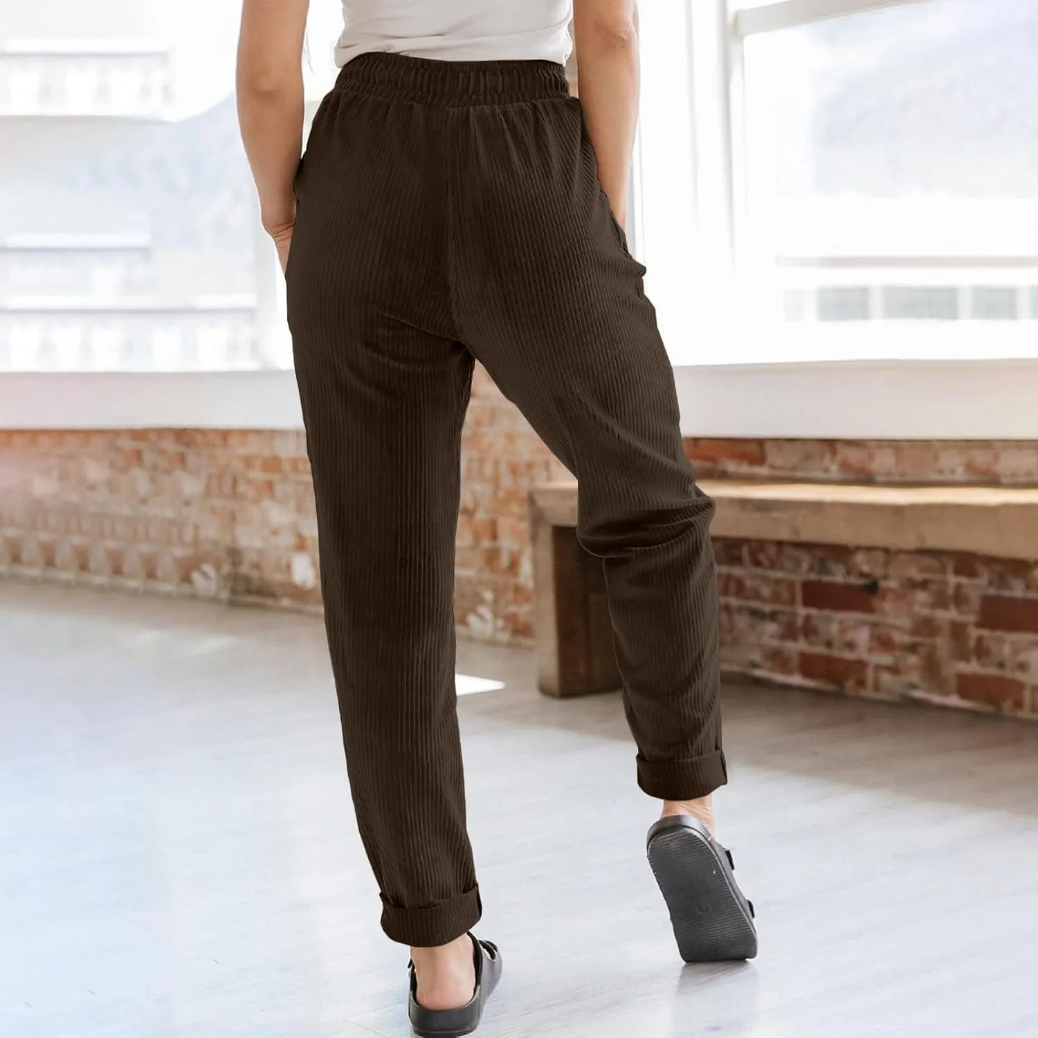 SERYU Corduroy Pants for Women Casual Drawstring Elastic High Waist Straight Leg Pants Loose Comfy Trousers with Pockets