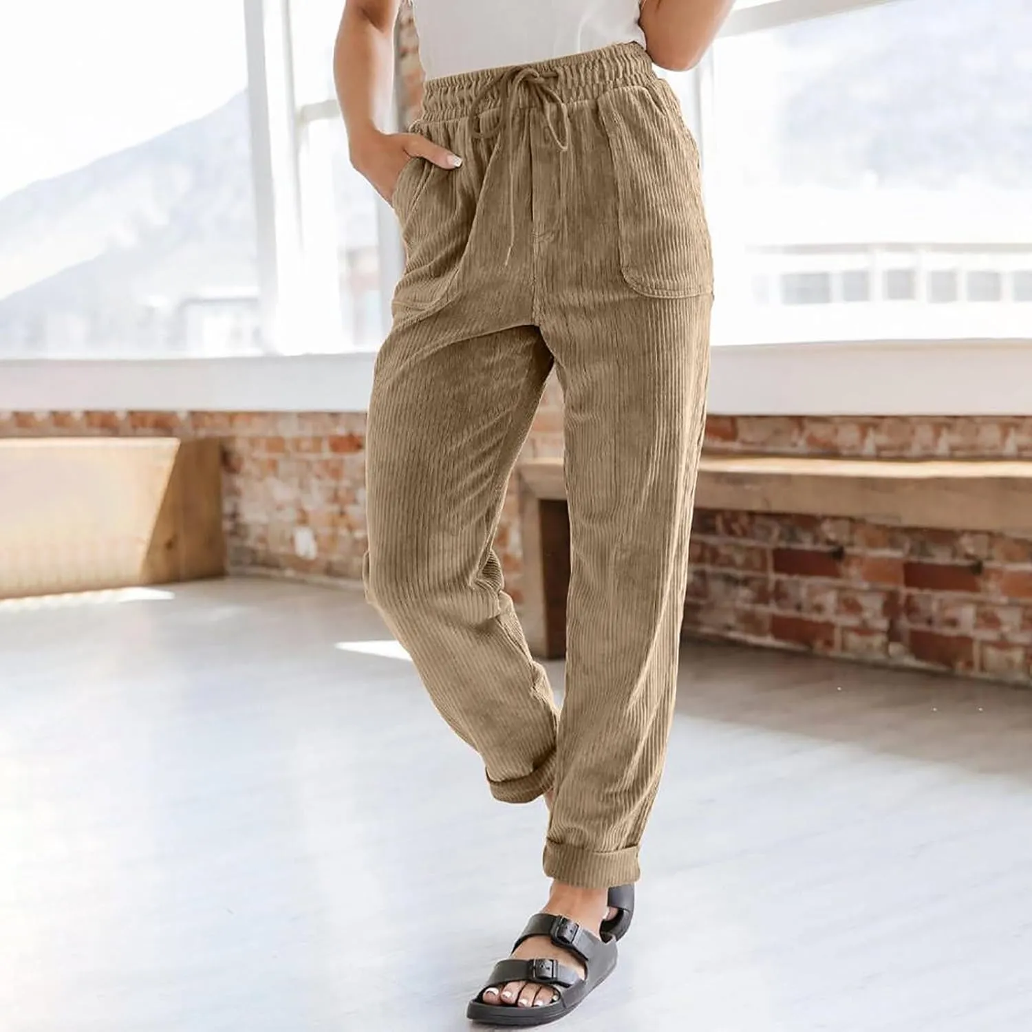 SERYU Corduroy Pants for Women Casual Drawstring Elastic High Waist Straight Leg Pants Loose Comfy Trousers with Pockets