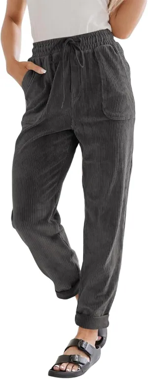 SERYU Corduroy Pants for Women Casual Drawstring Elastic High Waist Straight Leg Pants Loose Comfy Trousers with Pockets