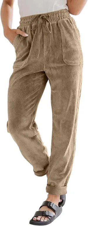 SERYU Corduroy Pants for Women Casual Drawstring Elastic High Waist Straight Leg Pants Loose Comfy Trousers with Pockets