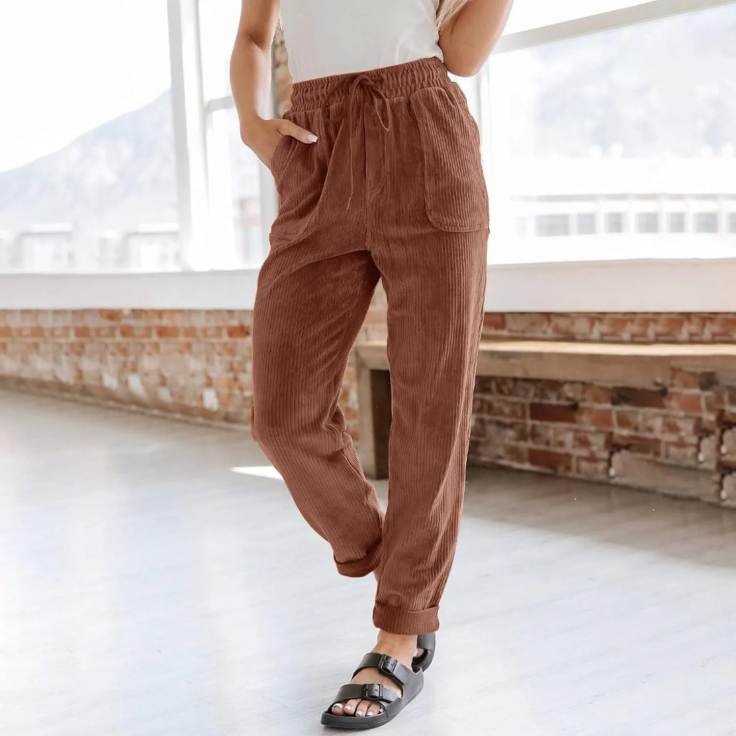 SERYU Corduroy Pants for Women Casual Drawstring Elastic High Waist Straight Leg Pants Loose Comfy Trousers with Pockets