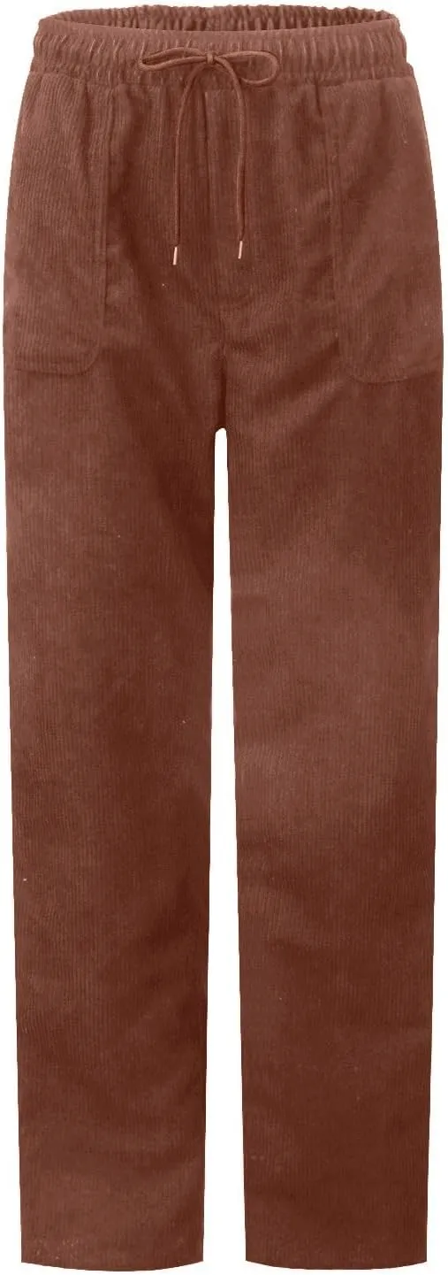 SERYU Corduroy Pants for Women Casual Drawstring Elastic High Waist Straight Leg Pants Loose Comfy Trousers with Pockets