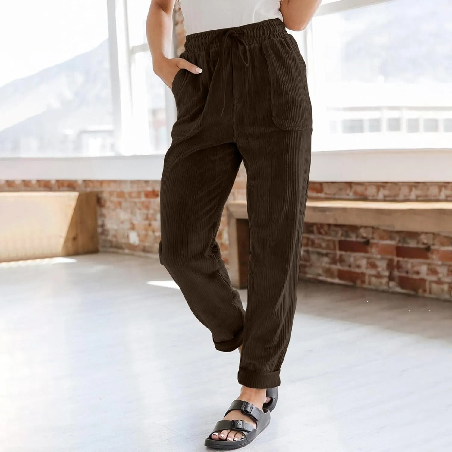 SERYU Corduroy Pants for Women Casual Drawstring Elastic High Waist Straight Leg Pants Loose Comfy Trousers with Pockets