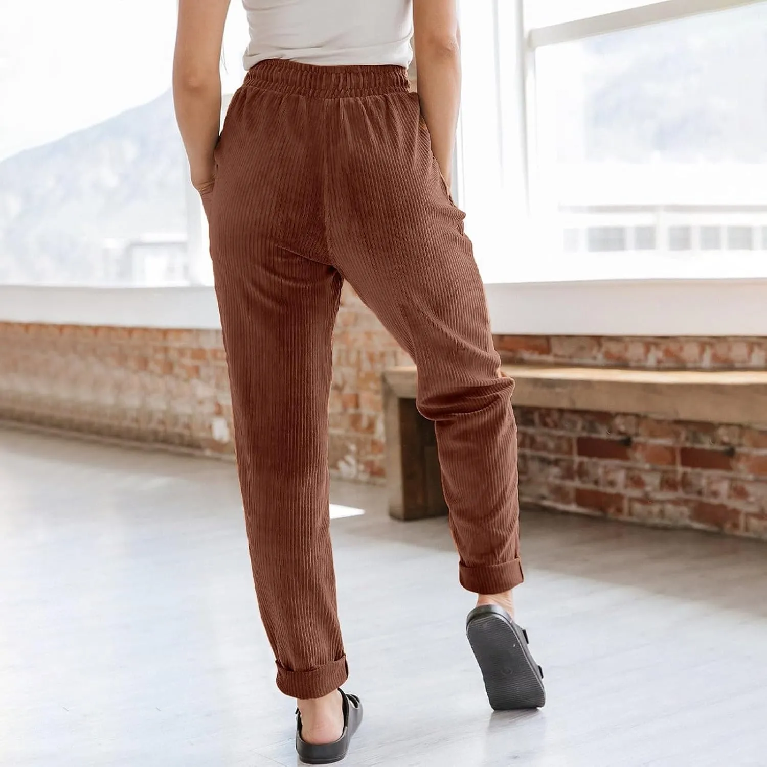 SERYU Corduroy Pants for Women Casual Drawstring Elastic High Waist Straight Leg Pants Loose Comfy Trousers with Pockets