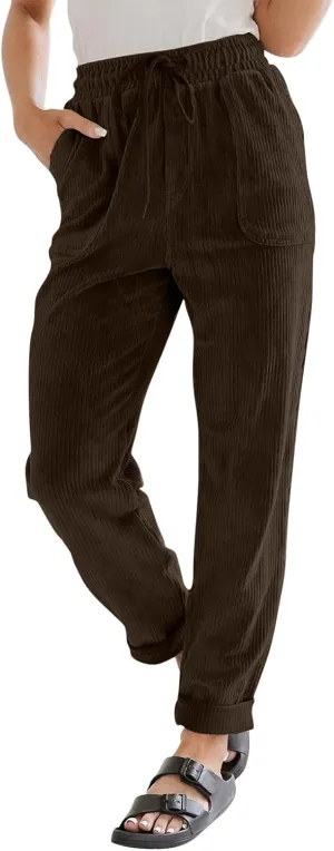 SERYU Corduroy Pants for Women Casual Drawstring Elastic High Waist Straight Leg Pants Loose Comfy Trousers with Pockets