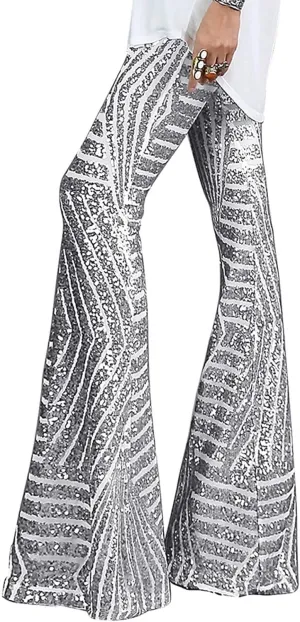 Shiny Metallic Flare Pants for Womens Sexy 70s Sequins Yoga Pants High Waist Bell Bottom Trousers Wide Leg Leggings