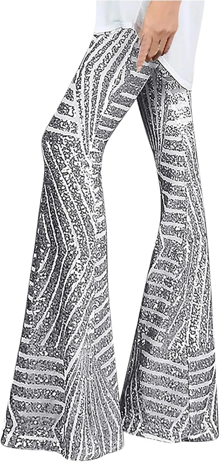 Shiny Metallic Flare Pants for Womens Sexy 70s Sequins Yoga Pants High Waist Bell Bottom Trousers Wide Leg Leggings