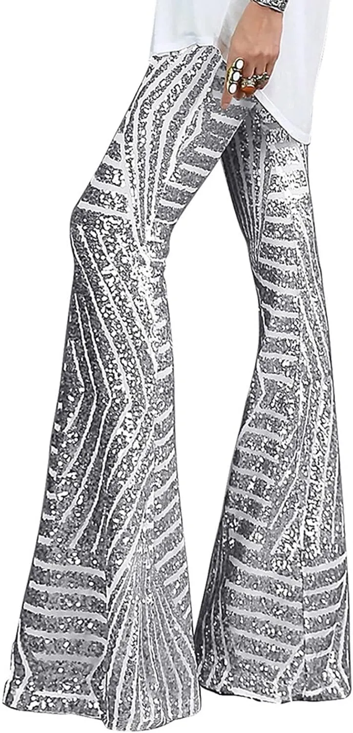 Shiny Metallic Flare Pants for Womens Sexy 70s Sequins Yoga Pants High Waist Bell Bottom Trousers Wide Leg Leggings