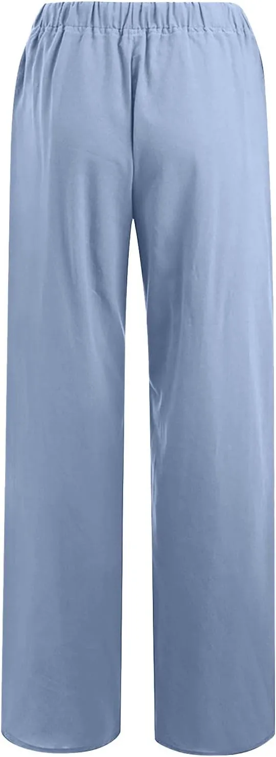 SHOPESSA Wide Leg Linen Pants for Women Soft Casual Drawstring Tie Elastic Waist Loose Pants Summer Beach Pockets Trousers