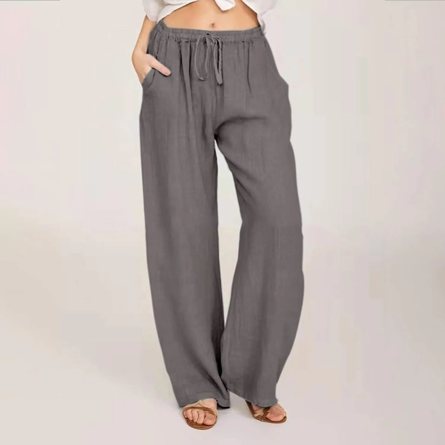 SHOPESSA Wide Leg Linen Pants for Women Soft Casual Drawstring Tie Elastic Waist Loose Pants Summer Beach Pockets Trousers