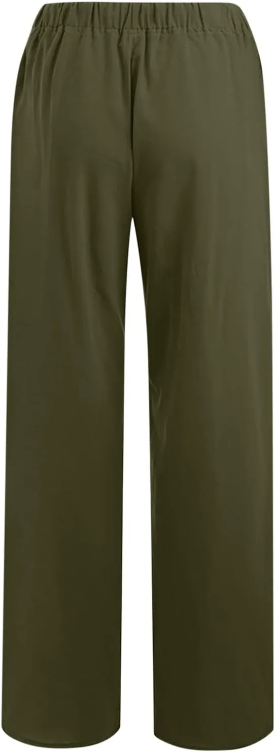 SHOPESSA Wide Leg Linen Pants for Women Soft Casual Drawstring Tie Elastic Waist Loose Pants Summer Beach Pockets Trousers