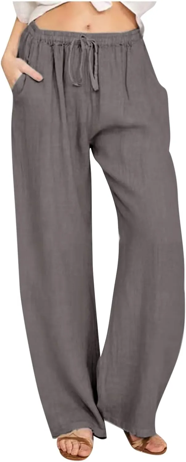 SHOPESSA Wide Leg Linen Pants for Women Soft Casual Drawstring Tie Elastic Waist Loose Pants Summer Beach Pockets Trousers