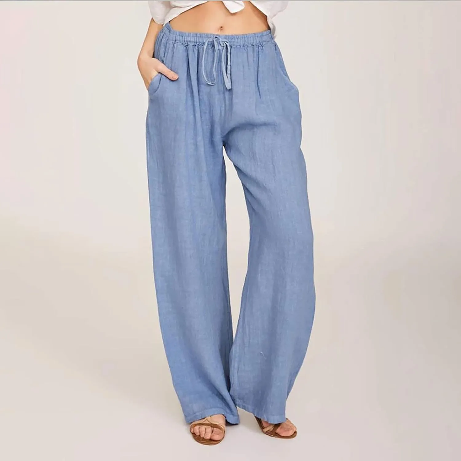 SHOPESSA Wide Leg Linen Pants for Women Soft Casual Drawstring Tie Elastic Waist Loose Pants Summer Beach Pockets Trousers