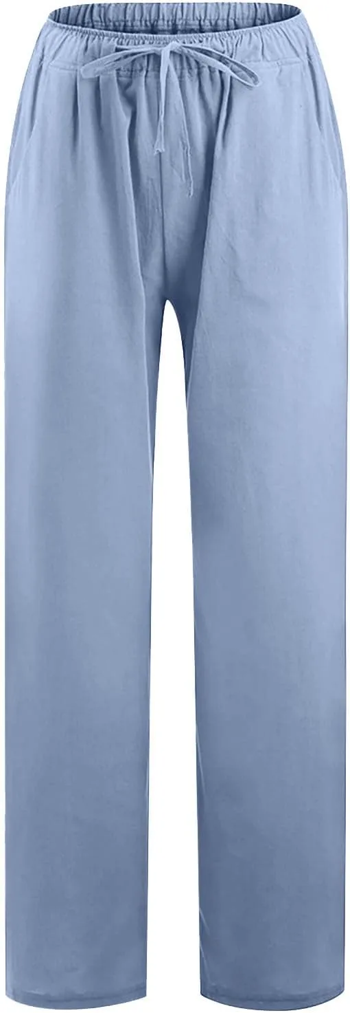 SHOPESSA Wide Leg Linen Pants for Women Soft Casual Drawstring Tie Elastic Waist Loose Pants Summer Beach Pockets Trousers