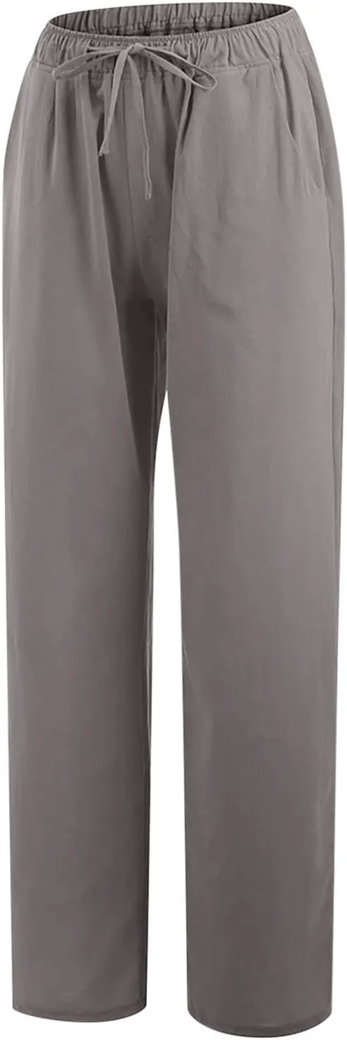 SHOPESSA Wide Leg Linen Pants for Women Soft Casual Drawstring Tie Elastic Waist Loose Pants Summer Beach Pockets Trousers