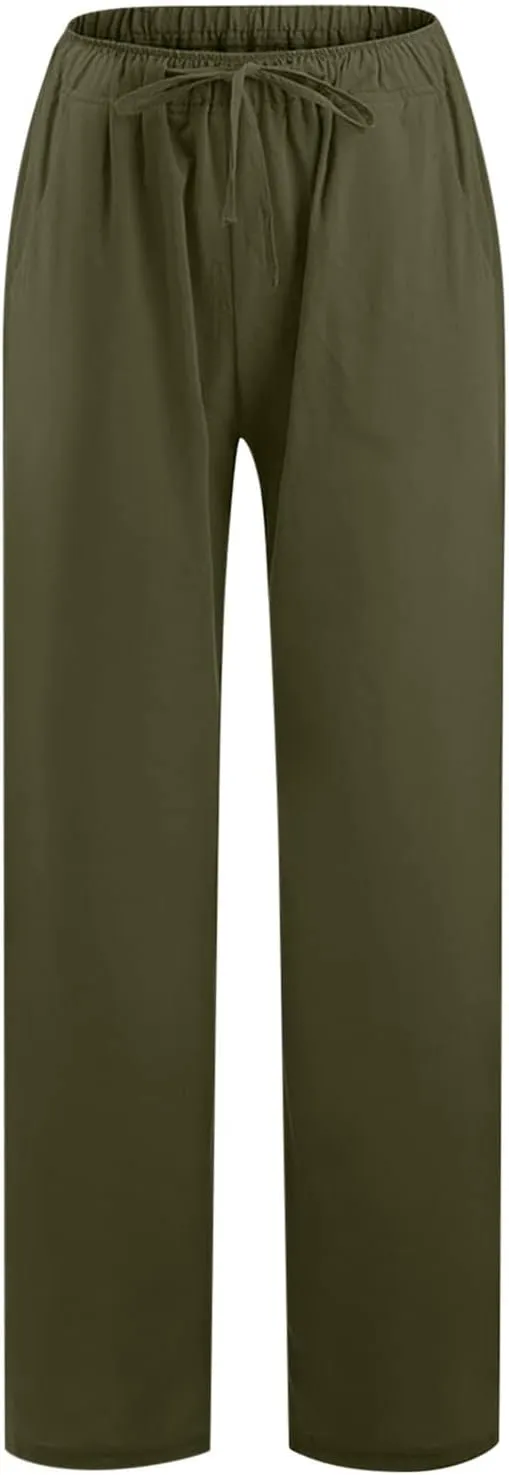 SHOPESSA Wide Leg Linen Pants for Women Soft Casual Drawstring Tie Elastic Waist Loose Pants Summer Beach Pockets Trousers