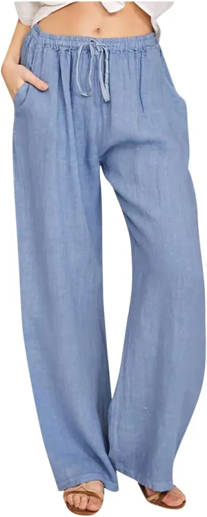 SHOPESSA Wide Leg Linen Pants for Women Soft Casual Drawstring Tie Elastic Waist Loose Pants Summer Beach Pockets Trousers