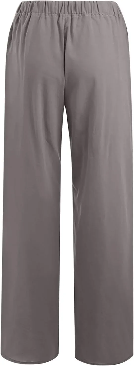 SHOPESSA Wide Leg Linen Pants for Women Soft Casual Drawstring Tie Elastic Waist Loose Pants Summer Beach Pockets Trousers