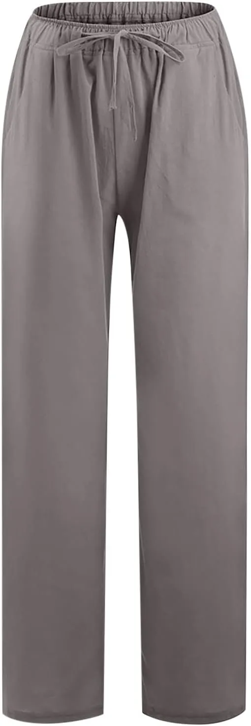 SHOPESSA Wide Leg Linen Pants for Women Soft Casual Drawstring Tie Elastic Waist Loose Pants Summer Beach Pockets Trousers