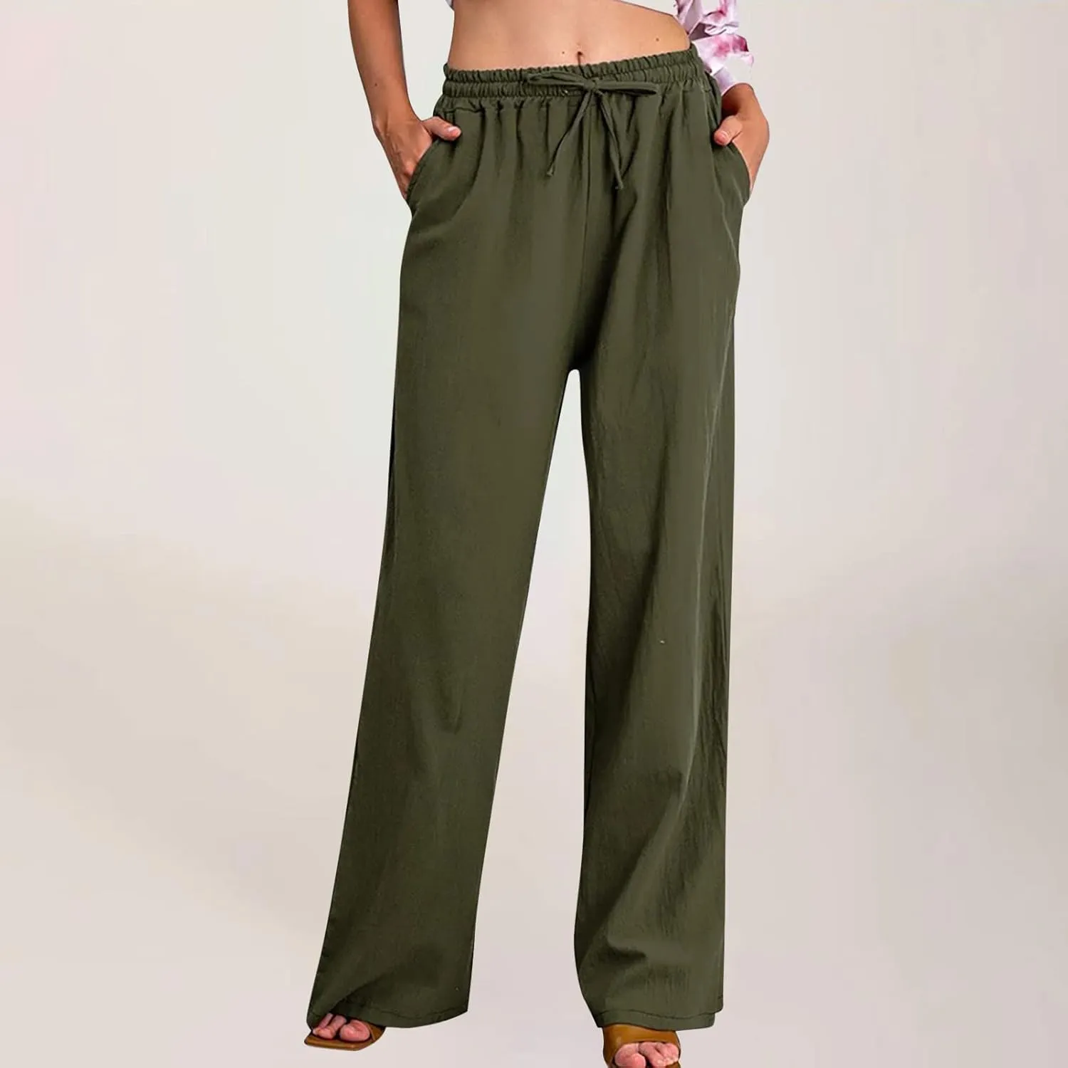 SHOPESSA Wide Leg Linen Pants for Women Soft Casual Drawstring Tie Elastic Waist Loose Pants Summer Beach Pockets Trousers